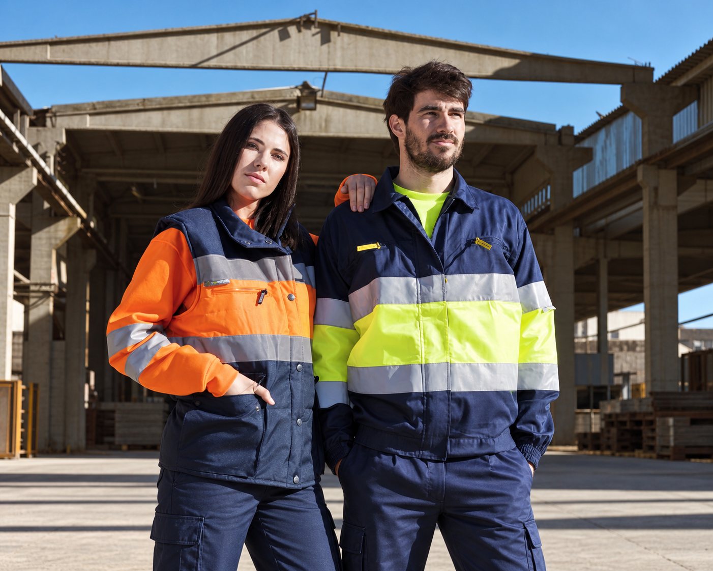 Dos personas con ropa industrial de alta visibilidad en una planta